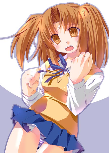 imu sanjo, yumizuka satsuki, melty blood, tsukihime, type-moon, 00s, 1girl, blue panties, blue skirt, blush, brown eyes, brown hair, clothes lift, dress shirt, female focus, long sleeves, miniskirt, open mouth, panties, pantyshot, pleated skirt, purple panties, ribbon, school uniform, serafuku, shirt, skirt, skirt lift, solo, standing, striped clothes, striped panties, sweater vest, thigh gap, thighs, twintails, two side up, underwear, upskirt