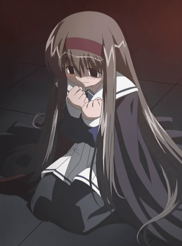 buchou, mahoraba, animated, animated gif, anime screenshot, 00s, 1girl, black eyes, black pantyhose, blush, brown hair, cape, empty eyes, female focus, floor, hairband, kneeling, long hair, long sleeves, pantyhose, pleated skirt, school uniform, serafuku, skirt, solo, trembling