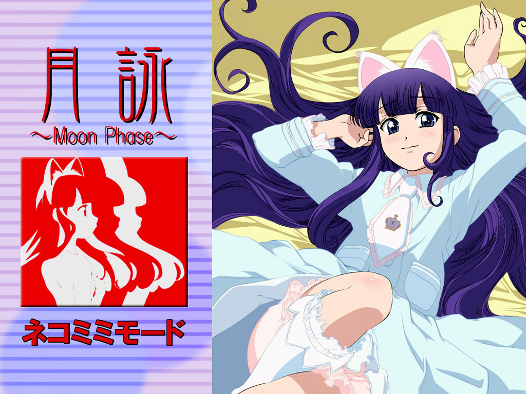 hazuki (tsukuyomi), tsukuyomi moonphase, 00s, 1girl, animal ears, blue eyes, blush, body blush, cat ears, copyright name, legs, long hair, long sleeves, looking at viewer, lying, multiple views, on back, purple hair, smile