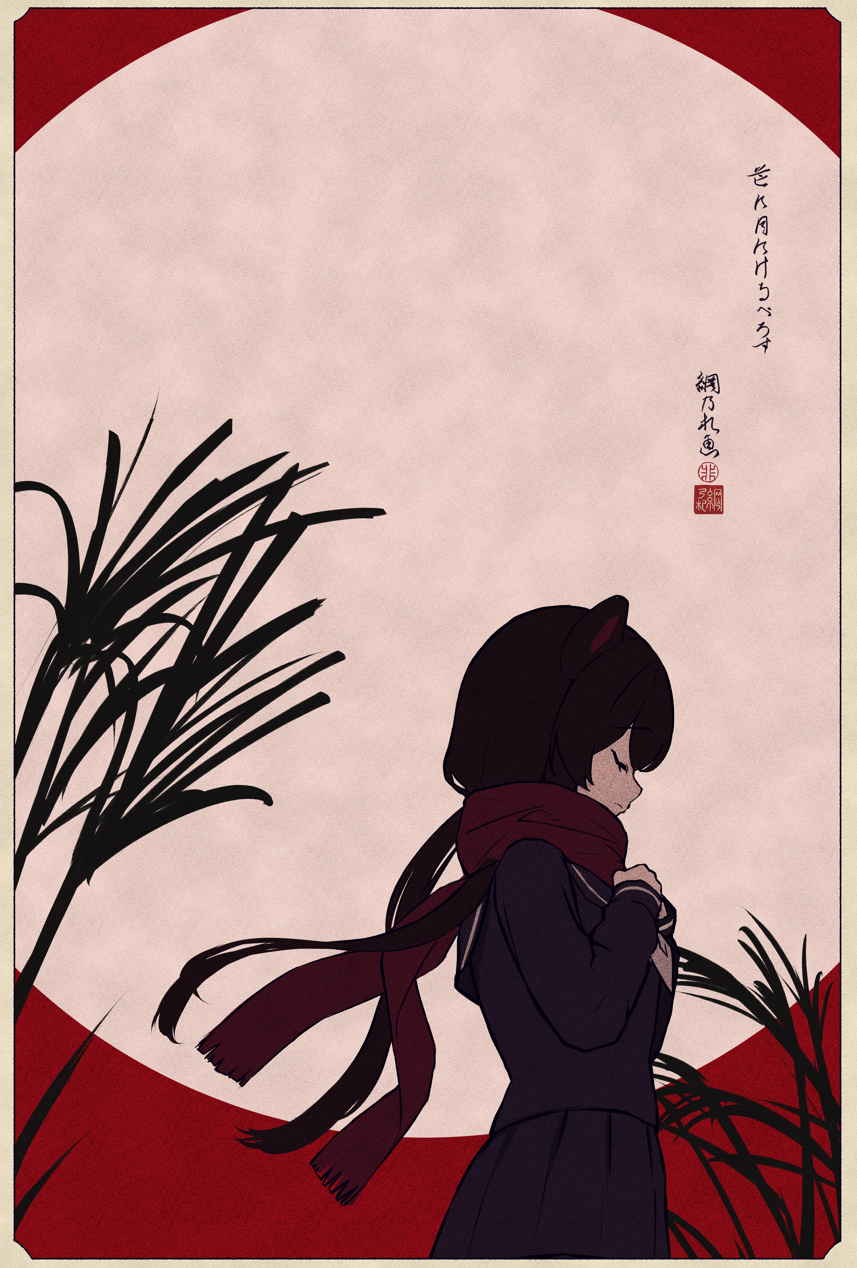ami no fuda, inui toko, nijisanji, absurdres, highres, animal ears, black hair, blue sailor collar, blue serafuku, blue shirt, blue skirt, border, calligraphy, closed eyes, dog ears, dog girl, faux traditional media, floating hair, from side, hands on own chest, long hair, long sleeves, low twintails, neckerchief, parted bangs, plant, pleated skirt, red background, red scarf, sailor collar, scarf, school uniform, serafuku, shirt, skirt, stamp mark, twintails, two-tone background, virtual youtuber, white background, white neckerchief, yellow border