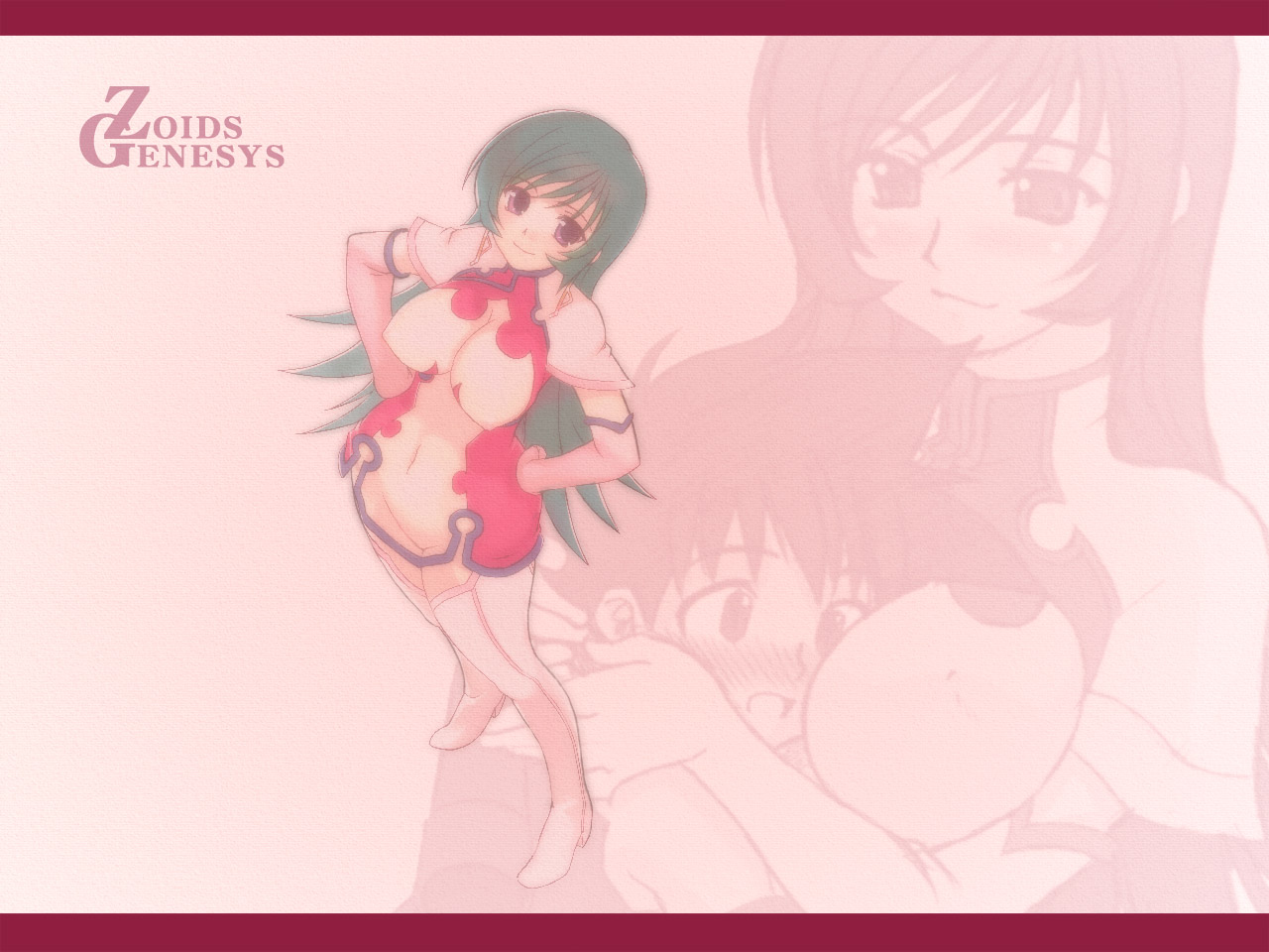 rikumoto yoshiyuki, kotona elegance, ruuji familon, zoids, zoids genesis, 00s, 1boy, 1girl, :o, age difference, aqua hair, blush, boots, breast smother, breasts, center opening, copyright name, covered erect nipples, dress, earrings, elbow gloves, embarrassed, face to breasts, from above, gloves, green hair, groin, hands on own hips, hetero, high heels, hip focus, hug, impossible clothes, impossible dress, impossible shirt, jewelry, large breasts, letterboxed, long hair, looking at breasts, navel, nipples, pink thighhighs, purple eyes, shirt, shoes, short dress, short hair, smile, spiked hair, standing, surprised, thigh boots, thighhighs, turtleneck, upper body, white thighhighs, wide hips