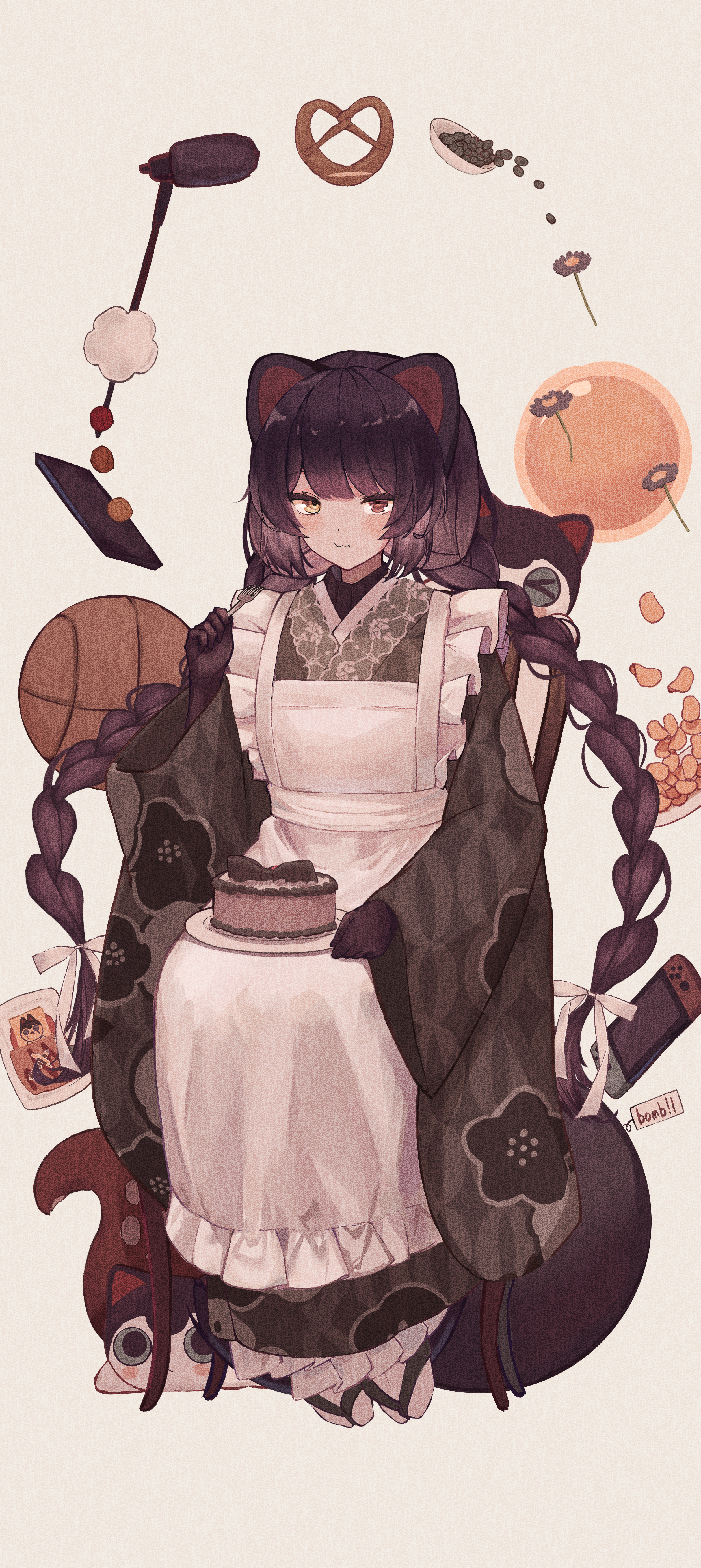 ami no fuda, inui toko, nijisanji, absurdres, highres, 1girl, :3, animal ears, apron, ball, black gloves, blunt bangs, brown hair, cake, chair, chips (food), dog, dog ears, dog girl, eating, floral print, floral print kimono, flower, food, fork, frilled apron, frills, full body, gloves, grey kimono, hair flower, hair ornament, heterochromia, holding, holding fork, japanese clothes, kimono, long hair, long sleeves, looking at viewer, low twintails, microphone, nintendo switch, on chair, parted bangs, pretzel, print kimono, red eyes, sandals, sitting, solo, swept bangs, tabi, twintails, very long hair, virtual youtuber, white apron, wide sleeves, yellow background, yellow eyes