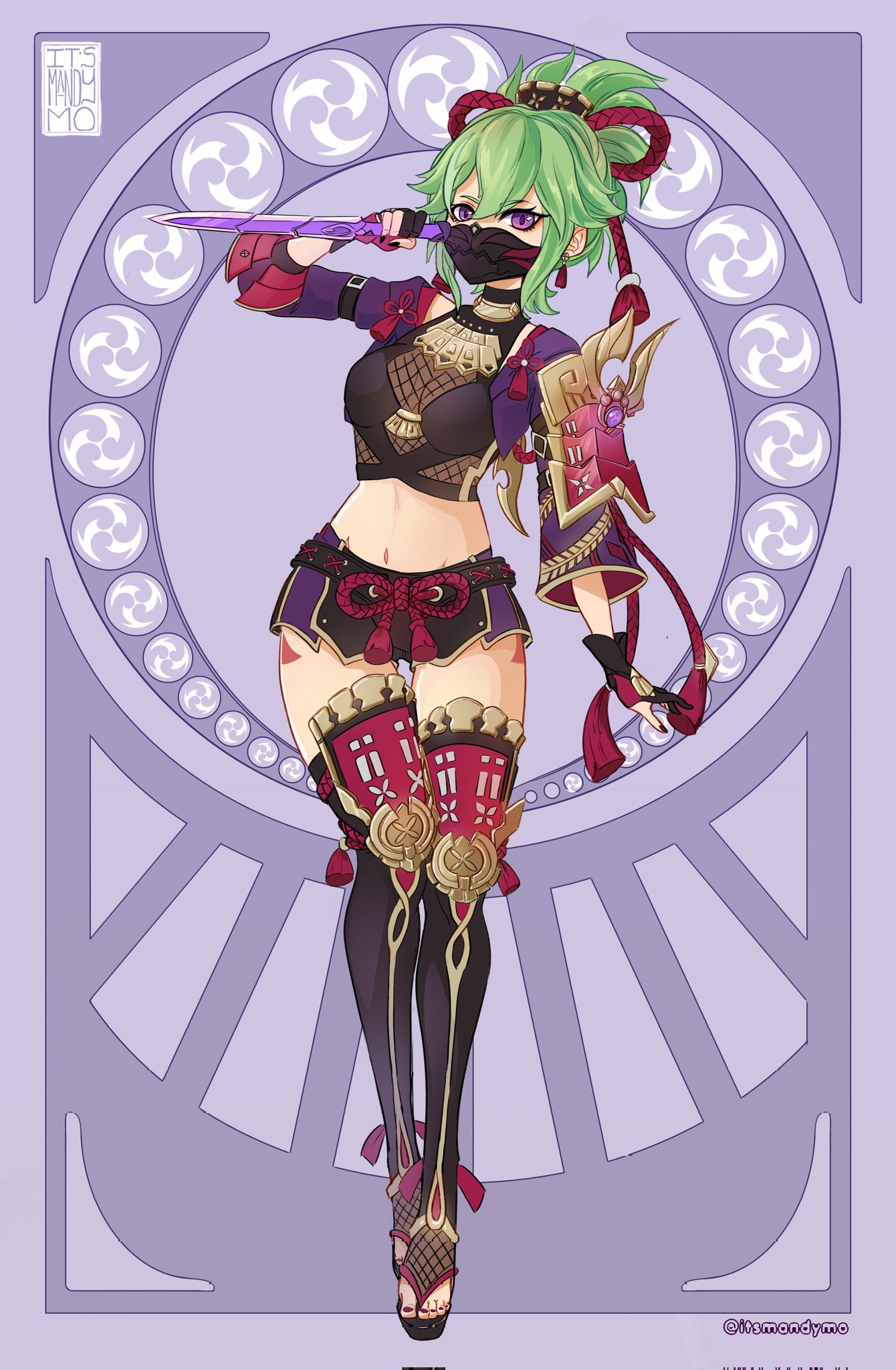 itsmandymo, kuki shinobu, genshin impact, highres, 1girl, black gloves, black shirt, black thighhighs, breasts, crop top, dagger, fishnets, full body, gloves, green hair, holding, holding dagger, holding knife, holding weapon, jacket, knife, long sleeves, looking at viewer, mask, midriff, mouth mask, navel, open clothes, open jacket, ponytail, purple eyes, purple jacket, shirt, short hair, short shorts, shorts, small breasts, solo, standing, stomach, thighhighs, weapon