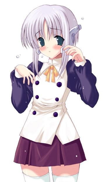 kyogoku shin, ilfa (to heart), to heart (series), to heart 2, silver hair, 00s, 1girl, aqua eyes, blush, female focus, long sleeves, robot ears, short hair, short hair with long locks, simple background, skirt, solo, tears, thighhighs, white background, white thighhighs, zettai ryouiki
