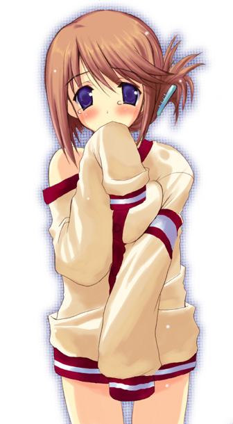 kyogoku shin, komaki manaka, to heart (series), to heart 2, 00s, 1girl, blue eyes, blush, bottomless, brown hair, covering crotch, covering face, covering own mouth, covering privates, cowboy shot, female focus, folded ponytail, hair ornament, hairclip, hands in opposite sleeves, long sleeves, looking at viewer, off shoulder, oversized clothes, sleeves past fingers, sleeves past wrists, solo, tears