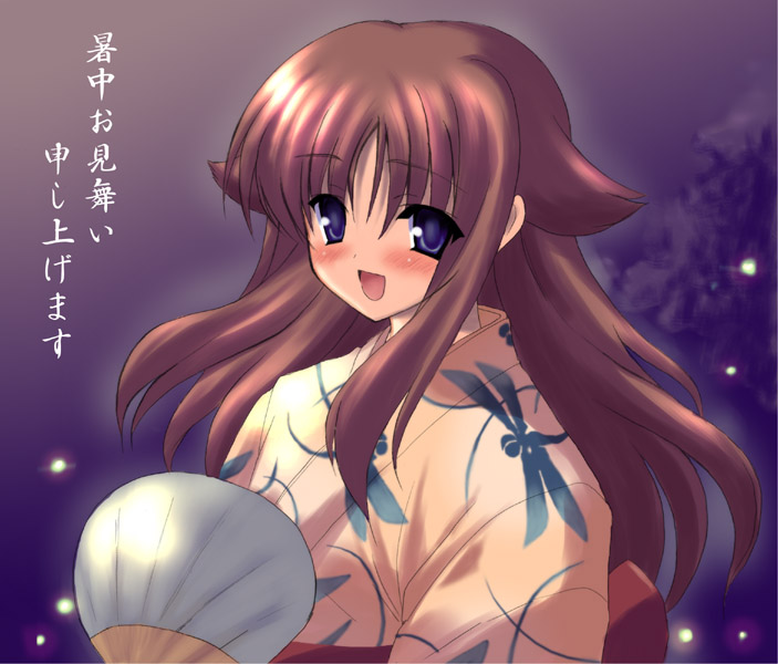 kyogoku shin, miyashiro karin, suigetsu, translated, 1girl, :d, animal print, blue eyes, blush, brown hair, bug, dragonfly, dragonfly print, female focus, hair flaps, hand fan, insect, japanese clothes, kimono, long hair, long sleeves, looking at viewer, night, open mouth, paper fan, pink hair, shochuumimai, smile, solo, sparkle, uchiwa, upper body, yellow kimono, yukata