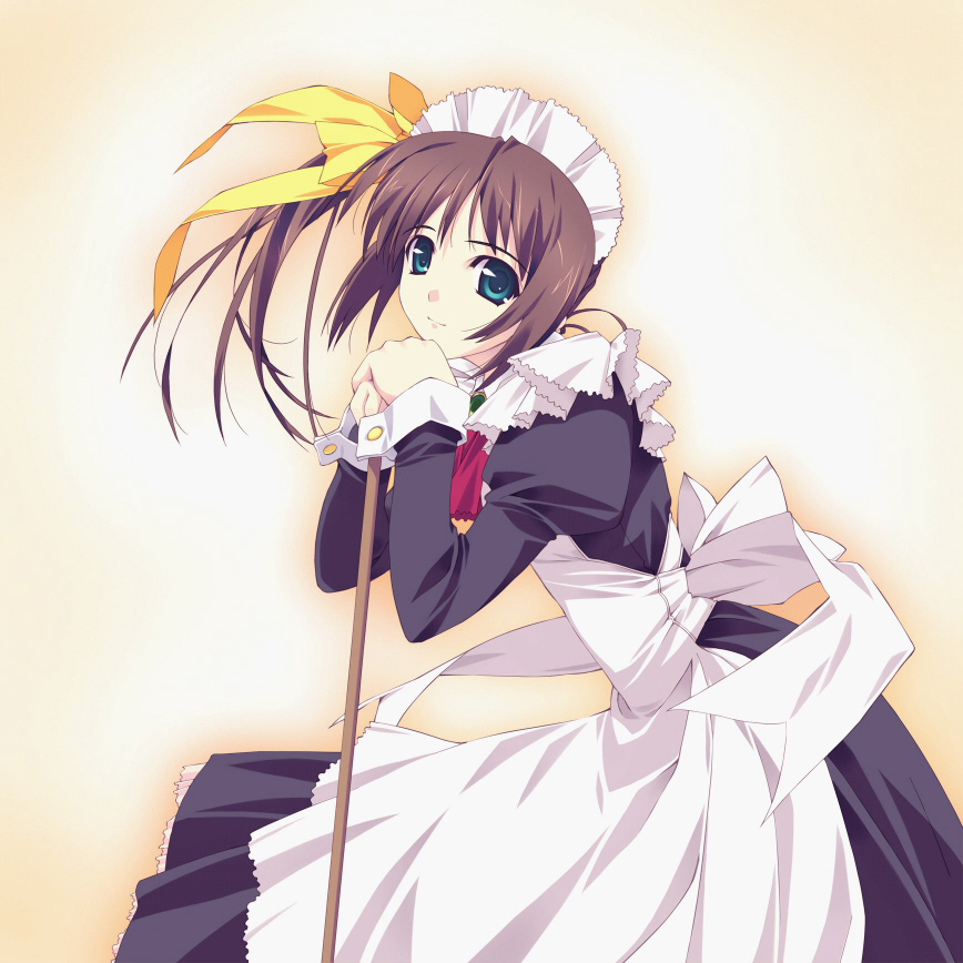 murakami suigun, original, 1girl, apron, aqua eyes, black dress, brown hair, closed mouth, dress, female focus, green eyes, juliet sleeves, light smile, long sleeves, maid, maid headdress, puffy sleeves, simple background, sleeve cuffs, solo, white apron