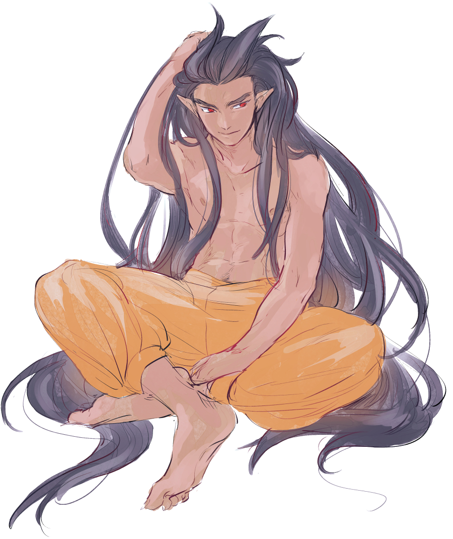 yon yosi, sidoh (dqb2), dragon quest, dragon quest builders 2, no belt, commentary request, 1boy, barefoot, black hair, dark-skinned male, dark skin, hair down, hand in own hair, indian style, long hair, looking to the side, male focus, muscular, muscular male, nipples, no necklace, no shirt, no shoes, orange pants, pants, pointy ears, red eyes, sitting, sketch, solo, stomach hair, topless male, very long hair, white background