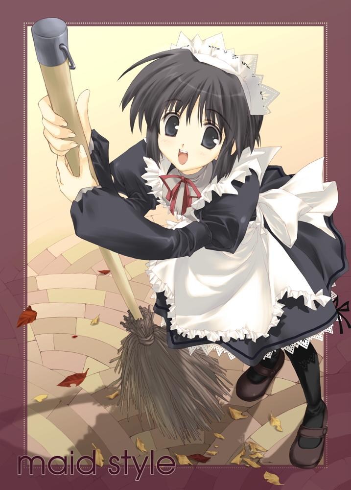 mitsumi misato, original, 1girl, :d, black eyes, black hair, black pantyhose, broom, female focus, holding, holding broom, leaf, long sleeves, maid, maid headdress, open mouth, pantyhose, short hair, smile, solo