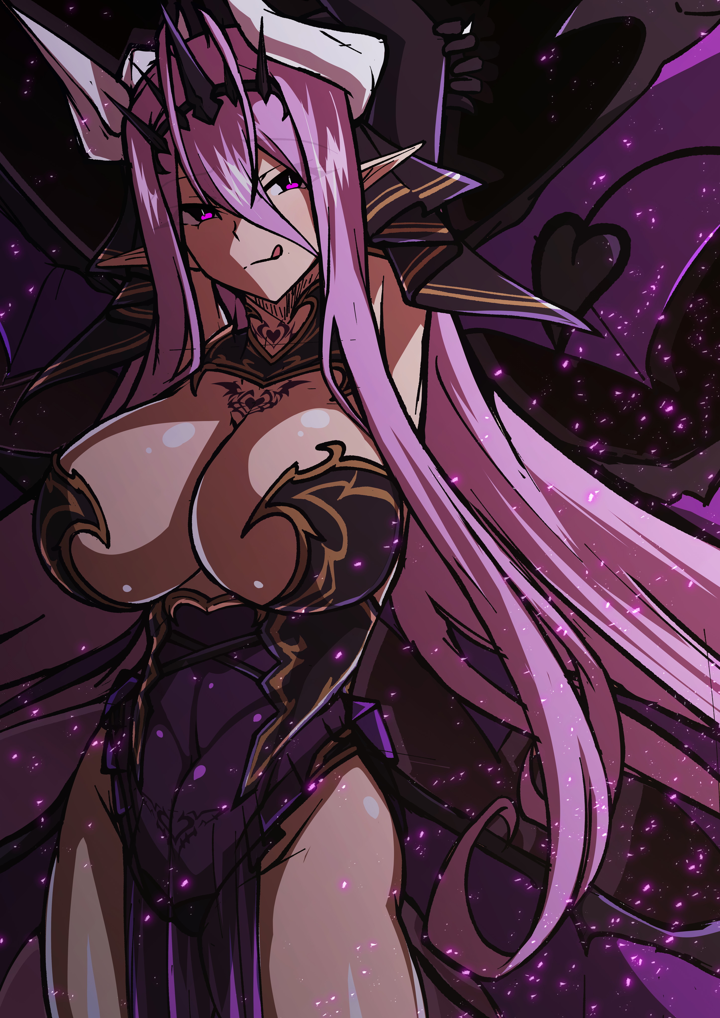 aoi tabane, katsuragi shiori, kouyoku senki exs-tia, absurdres, highres, 1girl, :q, antenna hair, armpits, arms up, black sclera, breasts, chest tattoo, cleavage, colored sclera, cowboy shot, crown, demon girl, demon horns, demon tail, demon wings, dress, elbow gloves, gloves, hair between eyes, horns, huge breasts, large breasts, licking lips, long hair, looking at viewer, luxiel (exs-tia), pelvic curtain, pink hair, pointy ears, pubic tattoo, pubic tattoo through clothing, purple dress, purple eyes, purple hair, purple wings, see-through clothes, smile, solo, tail, tattoo, tongue, tongue out, very long hair, wings