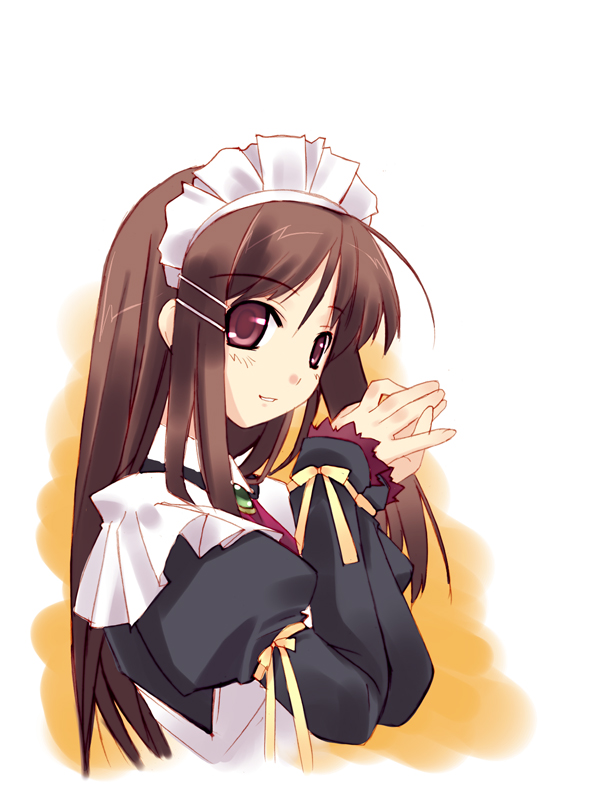 murakami suigun, bw, original, 1girl, blush, brown eyes, brown hair, female focus, from side, hair ornament, hairclip, juliet sleeves, long hair, long sleeves, maid, maid headdress, own hands together, puffy sleeves, red eyes, solo, upper body