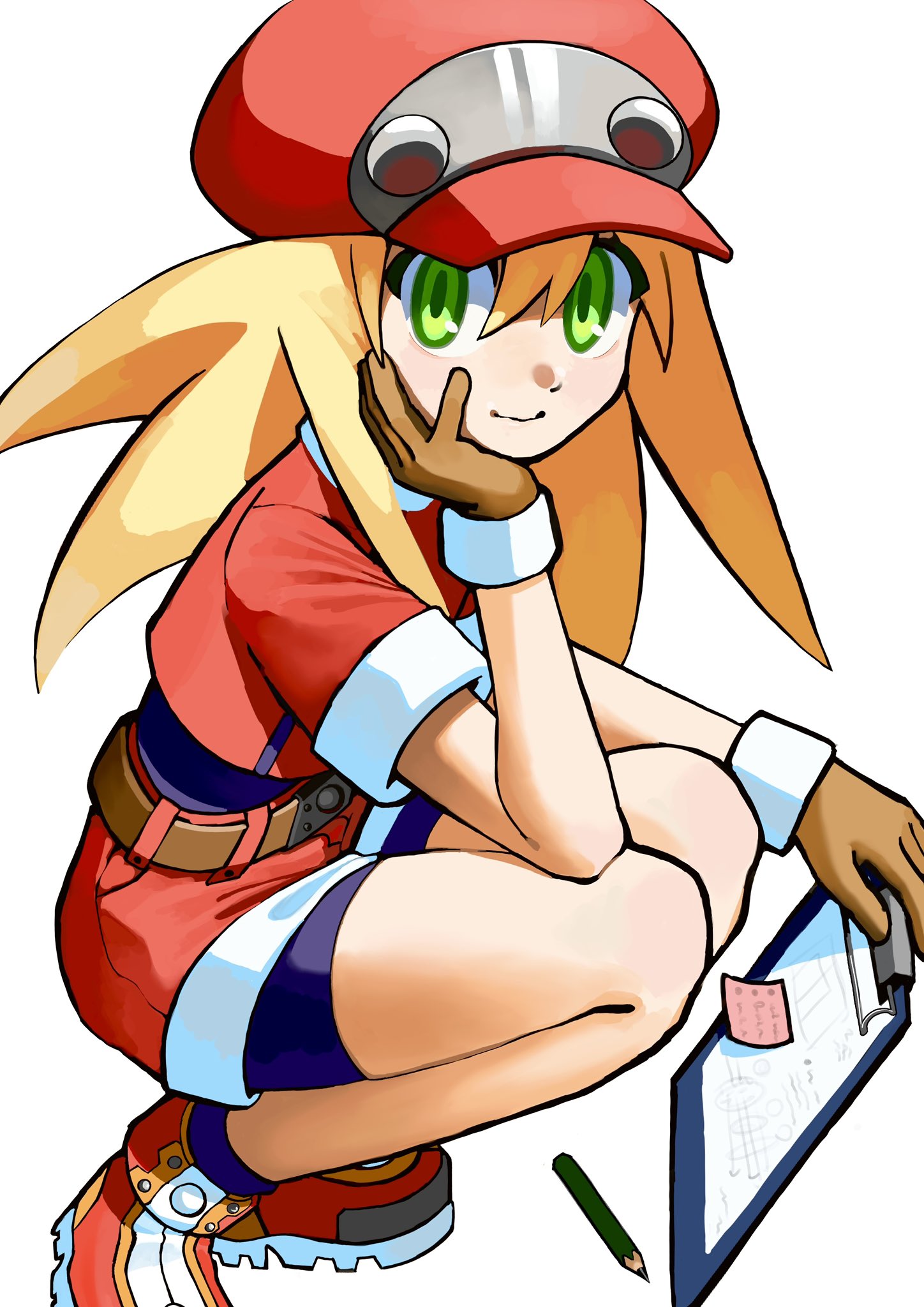 87oekaki, roll caskett (mega man), mega man (series), mega man legends (series), highres, 1girl, black bodysuit, blonde hair, bodysuit, brown gloves, gloves, green eyes, hat, jacket, long hair, newsboy cap, red jacket, red shorts, shorts, simple background, solo, squatting, white background