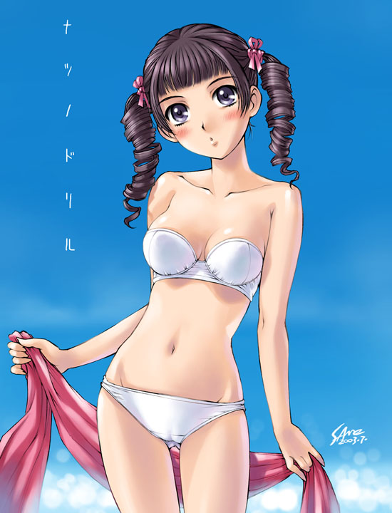 sameha ikuya, matsudaira touko, maria-sama ga miteru, translation request, 00s, 1girl, alternate costume, bandeau bikini, bare arms, bare legs, bare shoulders, bikini, black hair, blue background, blue eyes, blunt bangs, blush, cameltoe, collarbone, dated, day, drill hair, female focus, groin, hair ribbon, head tilt, holding, lips, midriff, navel, neck, parted lips, pink ribbon, ribbon, short hair, sky, solo, standing, strapless, strapless bikini, swimsuit, towel, twin drills, twintails, white bikini