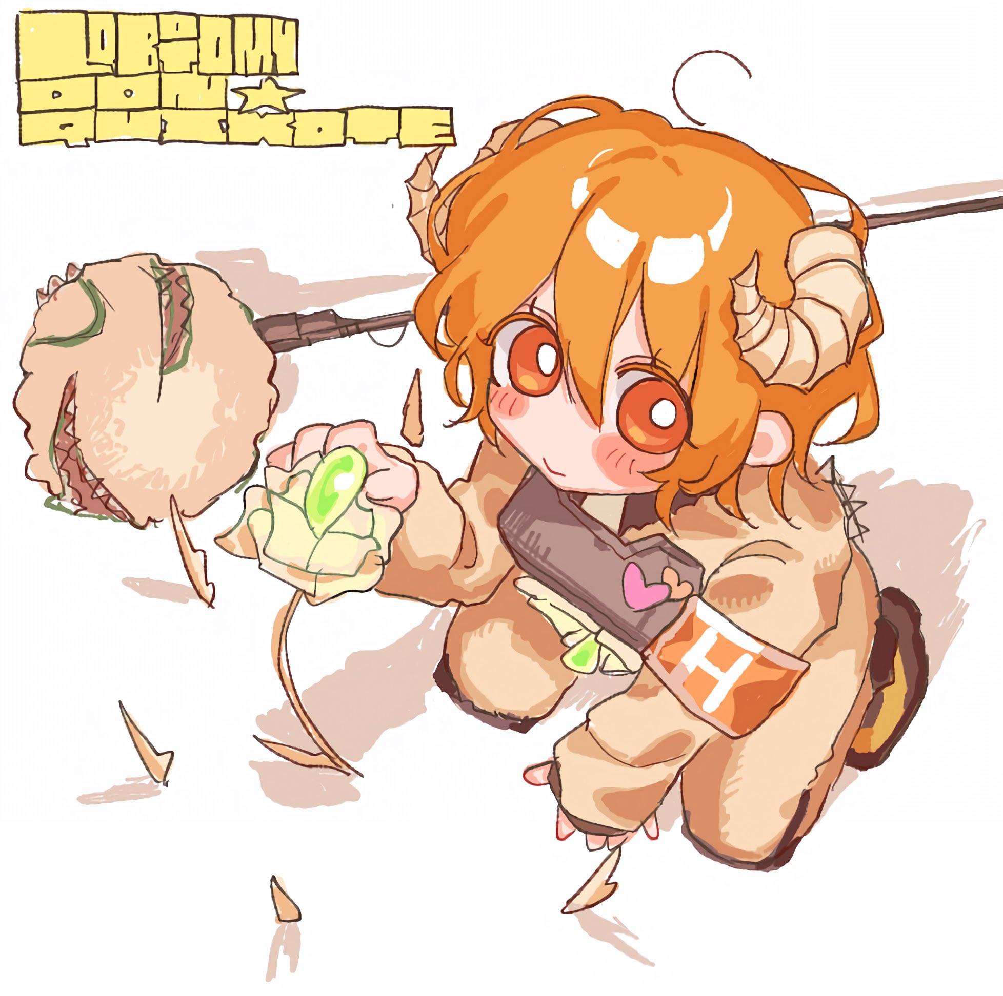 don quixote (project moon), limbus company, project moon, highres, 1girl, armband, armor, blonde hair, bright pupils, character name, e.g.o (project moon), flower, full body, horns, jacket, lantern (e.g.o), lobotomy corporation (identity) (project moon), long sleeves, looking at viewer, nr6nzqrcgf60864, orange armband, pants, sheep horns, short hair, simple background, sitting, solo, white background, white flower, white jacket, white pants, white pupils, yellow eyes