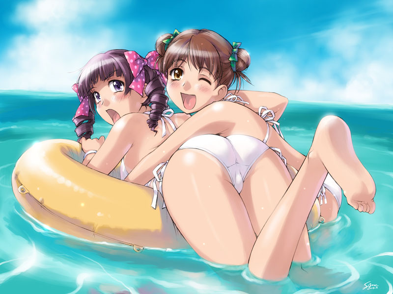 sameha ikuya, fukuzawa yumi, matsudaira touko, maria-sama ga miteru, 00s, 2girls, ;d, ass, barefoot, bikini, cloud, day, double bun, drill hair, feet, hair bun, happy, hug, hug from behind, innertube, multiple girls, one eye closed, open mouth, outdoors, side-tie bikini bottom, sky, smile, soles, surprised, swim ring, swimsuit, toes, twintails, water, white bikini, wink, yuri
