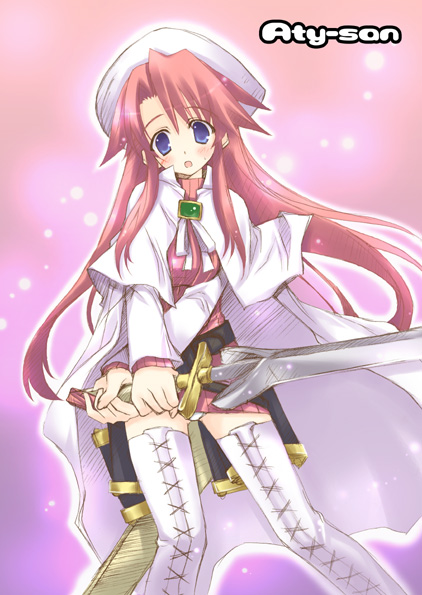 yuuki hagure, aty, aty (summon night), summon night, summon night 3, 1girl, :o, belt, blue eyes, blush, boots, brooch, coat, dress, female focus, hat, holding, jewelry, long hair, long sleeves, miniskirt, panties, pink hair, red hair, skirt, solo, sword, thigh boots, thighhighs, underwear, weapon, white boots, white panties, white thighhighs, zettai ryouiki