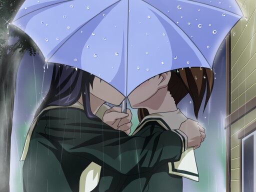 sanshita, fukuzawa yumi, ogasawara sachiko, maria-sama ga miteru, 00s, 2girls, ai ai gasa, arm around shoulder, black hair, blush, brown hair, censored kiss, couple, female focus, implied kiss, kiss, long hair, long sleeves, multiple girls, outdoors, purple hair, rain, school uniform, serafuku, shared umbrella, umbrella, water, yuri