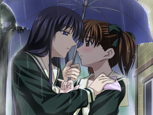 sanshita, fukuzawa yumi, ogasawara sachiko, maria-sama ga miteru, 00s, 2girls, ai ai gasa, black hair, blue eyes, blush, brown hair, eye contact, face-to-face, holding, imminent kiss, long hair, looking at another, multiple girls, school uniform, shared umbrella, umbrella, yuri