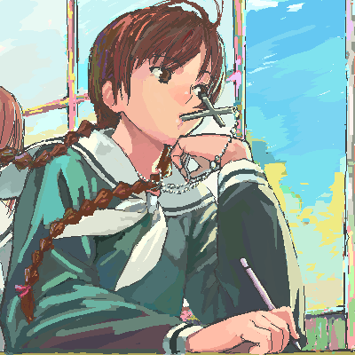 b suke, shimazu yoshino, maria-sama ga miteru, lowres, 00s, 1girl, braid, brown eyes, brown hair, cross, cross necklace, female focus, hair over shoulder, holding, jewelry, latin cross, long hair, long sleeves, mouth hold, necklace, oekaki, school uniform, serafuku, solo, twin braids