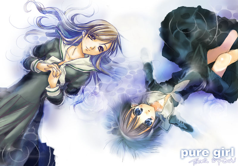edoya pochi, nijou noriko, toudou shimako, maria-sama ga miteru, 00s, 2girls, artist name, blue eyes, brown eyes, brown hair, dress, grey hair, long hair, long sleeves, lying, multiple girls, on back, own hands clasped, own hands together, sailor dress, school uniform, serafuku, short hair, smile, wading, water, wet, wet clothes