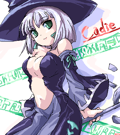 matsukura nemu, cadie (pangya), pangya, silver hair, lowres, 1girl, bare shoulders, breasts, character name, cleavage, detached sleeves, female focus, green eyes, hat, long sleeves, medium breasts, no bra, oekaki, purple hat, short hair, smile, solo, witch, witch hat