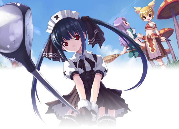 kiira, kooh (pangya), lola, lola (pangya), tiki (pangya), pangya, frilled legwear, 3girls, :d, black thighhighs, blonde hair, blush stickers, broom, broom riding, garter belt, garter straps, gloves, golf, golf club, grass, hairband, holding, lace, lingerie, long hair, multiple girls, mushroom, open mouth, outdoors, purple hair, red eyes, ribbon, smile, strap, thighhighs, twintails, underwear, zettai ryouiki
