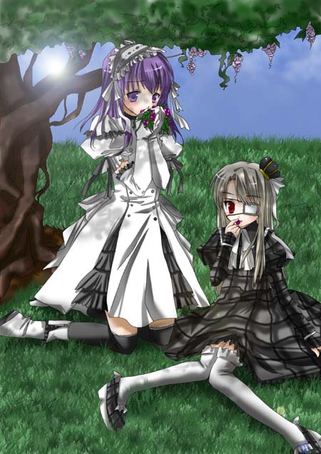 mikami mika, illyasviel von einzbern, matou sakura, fate/stay night, fate (series), silver hair, white legwear, 00s, 2girls, day, dress, eating, eyepatch, food, goth fashion, gothic lolita, grass, headdress, holding, holding food, knees together feet apart, lolita fashion, long sleeves, multiple girls, outdoors, purple eyes, purple hair, red eyes, thighhighs, tree