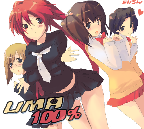 p-3-q, komaki manaka, kousaka tamaki, yuzuhara haruka, yuzuhara konomi, ichigo 100%, to heart (series), to heart 2, lowres, 4girls, :3, black hair, blush, brown hair, cosplay, crossover, glasses, heart, long hair, long sleeves, multiple girls, necktie, panties, parody, red eyes, red hair, school uniform, serafuku, skirt, underwear, white panties
