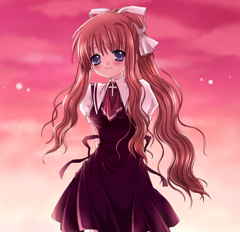 yui (spica), kamio misuzu, air (visual novel), 00s, 1girl, blonde hair, blush, cross, cross necklace, dress, female focus, hair ribbon, jewelry, latin cross, long hair, necklace, pink hair, pink sky, ponytail, purple eyes, ribbon, sky, smile, solo, very long hair