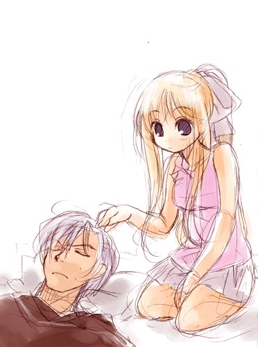 misaki kozue, kamio misuzu, kunisaki yukito, air (visual novel), lowres, 00s, 1boy, 1girl, black eyes, blonde hair, closed eyes, kneeling, long hair, no nose, pillow, sidelocks, simple background, sketch, skirt, white background, white skirt