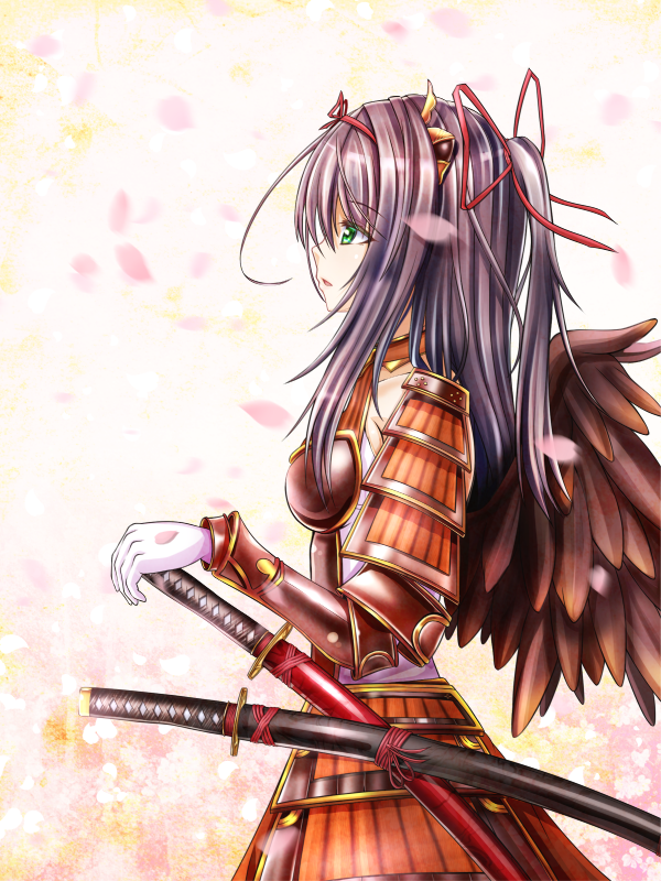 aneten, emil chronicle online, 1girl, armor, black hair, black wings, bow, breastplate, from side, gloves, gradient wings, green eyes, hair bow, hair ribbon, houou alma, japanese armor, katana, kusazuri, long hair, multicolored wings, one side up, open mouth, red ribbon, red wings, ribbon, shoulder armor, solo, sword, weapon, white gloves, wings