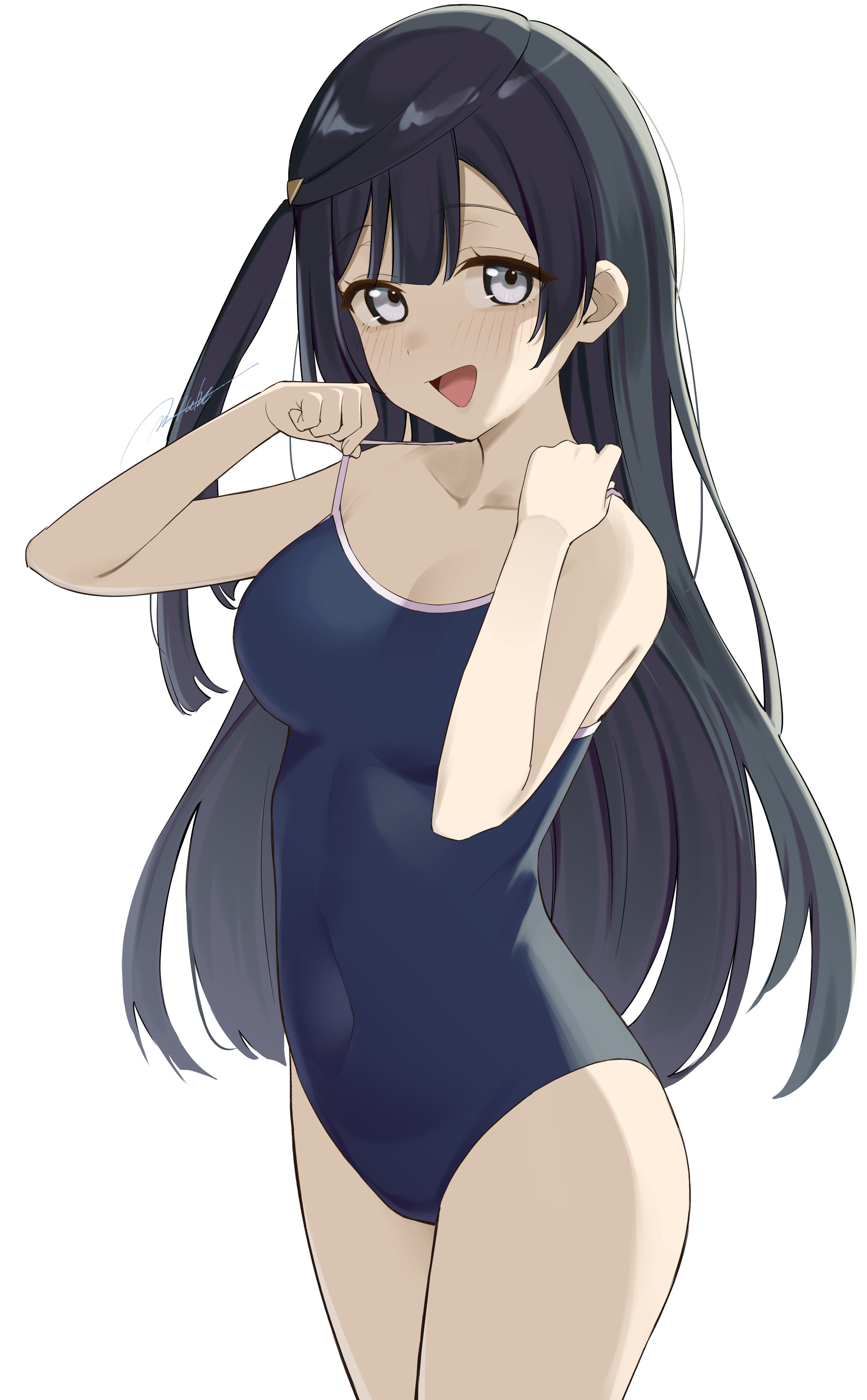 masami atabe, yuki setsuna, love live!, love live! nijigasaki high school idol club, absurdres, highres, 1girl, black hair, black one-piece swimsuit, breasts, competition school swimsuit, cowboy shot, grey eyes, long hair, looking at viewer, medium breasts, one-piece swimsuit, one side up, school swimsuit, simple background, smile, solo, strap lift, swimsuit, white background