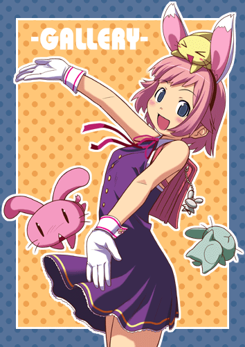 koutaro, urara, urara (koutaro), original, lowres, > <, 1girl, :d, animal ears, backpack, bag, blush, closed eyes, dress, english text, female focus, gloves, open mouth, outline, outstretched arms, pink hair, polka dot, polka dot background, purple skirt, rabbit, rabbit ears, randoseru, short dress, skirt, smile, solo, white gloves, xd
