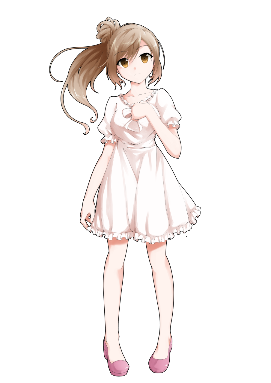 dairi, satou sasara, cevio, commentary request, highres, large variant set, variant set, 1girl, bow, breasts, brown eyes, brown hair, collarbone, dress, dress bow, flats, frilled dress, frills, full body, hair bun, hand on own chest, head tilt, long hair, medium breasts, pink shoes, puffy short sleeves, puffy sleeves, shoes, short sleeves, side ponytail, single hair bun, solo, standing, straight-on, tachi-e, transparent background, white bow, white dress