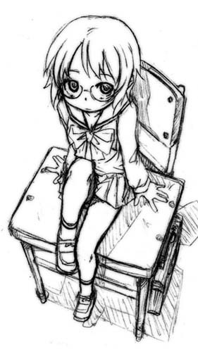 bailknight, original, lowres, 1girl, bag, bow, briefcase, chair, desk, female focus, glasses, greyscale, long sleeves, monochrome, pleated skirt, school bag, school briefcase, school desk, school uniform, serafuku, skirt, socks, solo, striped clothes, striped socks, wooden chair