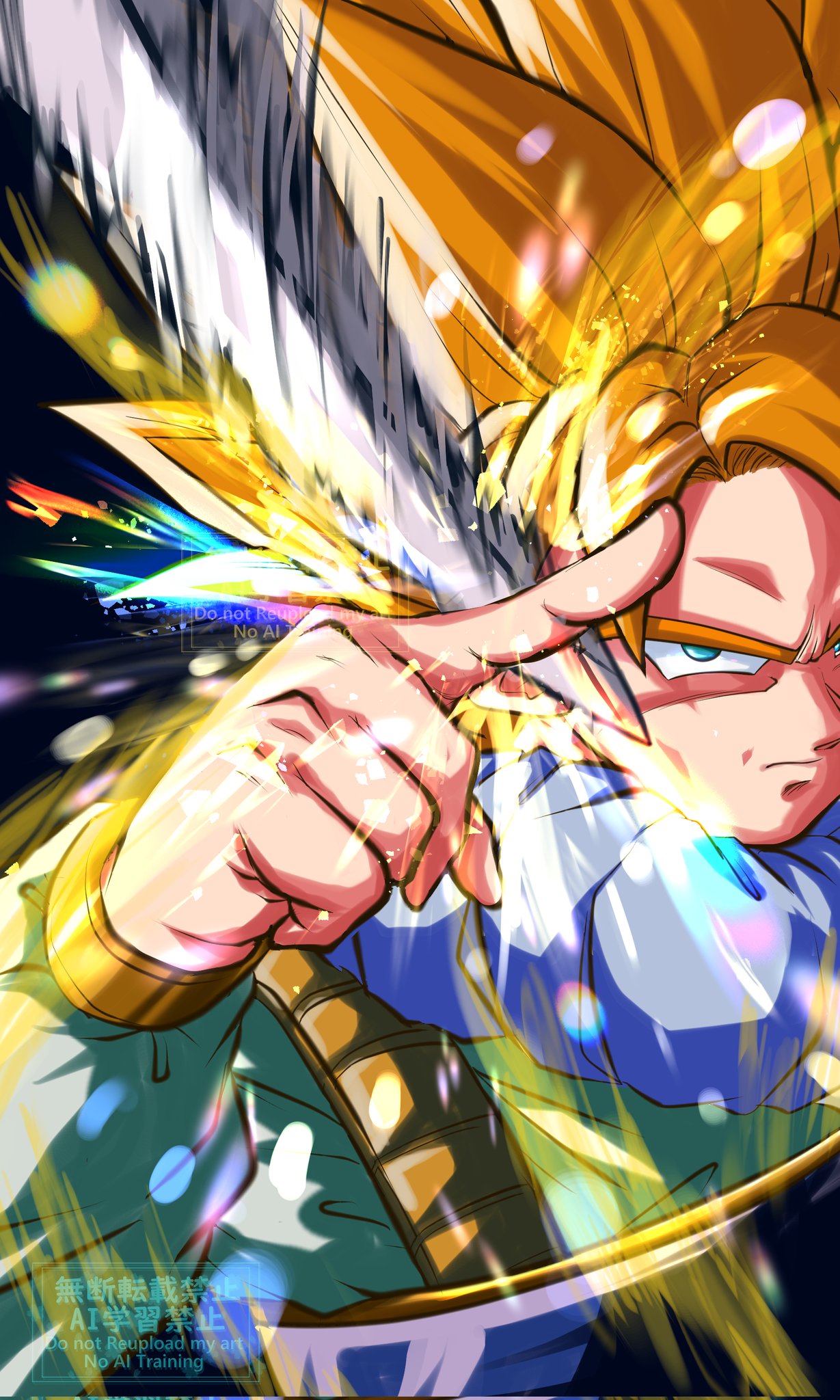 kanaetecho, son goku, dragon ball, dragonball z, corrupted twitter file, highres, 1boy, black background, blonde hair, green eyes, high collar, male focus, smear frame, solo focus, spiked hair, super saiyan, super saiyan 1, sword, upper body, watermark, weapon