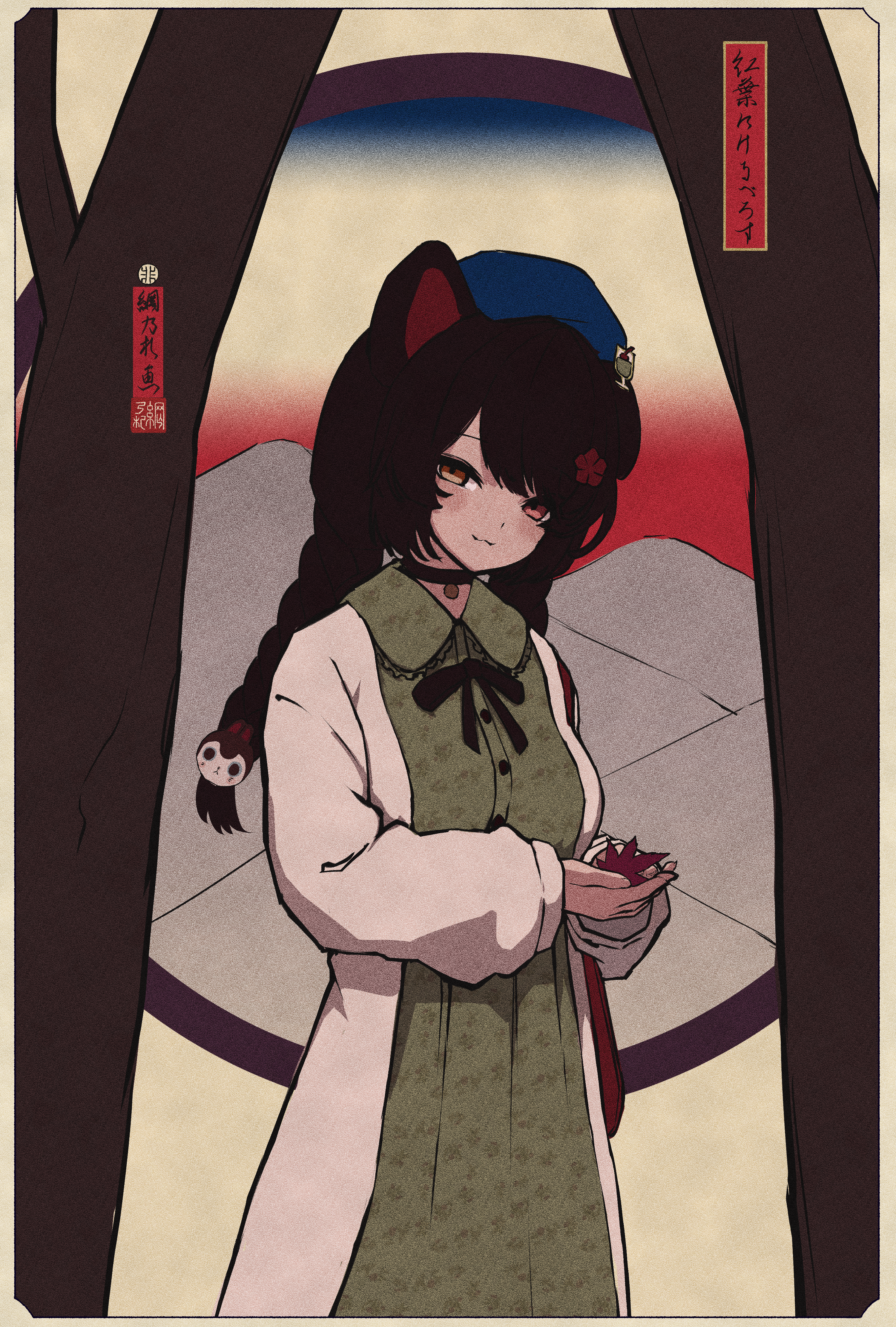 ami no fuda, inui toko, inui toko (fall casual), nijisanji, absurdres, highres, 1girl, :3, animal ears, beret, black bow, black bowtie, black choker, black hair, blue hat, blue sky, blunt bangs, border, bow, bowtie, braid, breasts, calligraphy, choker, coat, collared dress, dog ears, dog girl, dog hair ornament, dress, faux traditional media, feet out of frame, flower, food-themed hat ornament, gradient sky, green dress, hair flower, hair ornament, hat, hat ornament, head tilt, heterochromia, holding, holding leaf, leaf, long hair, long sleeves, looking at viewer, low twin braids, maple leaf, mountainous horizon, parted bangs, pendant choker, red eyes, red leaf, red sky, round window, sky, small breasts, solo, stamp mark, swept bangs, twin braids, twintails, virtual youtuber, white coat, white sky, window, yellow background, yellow border, yellow eyes