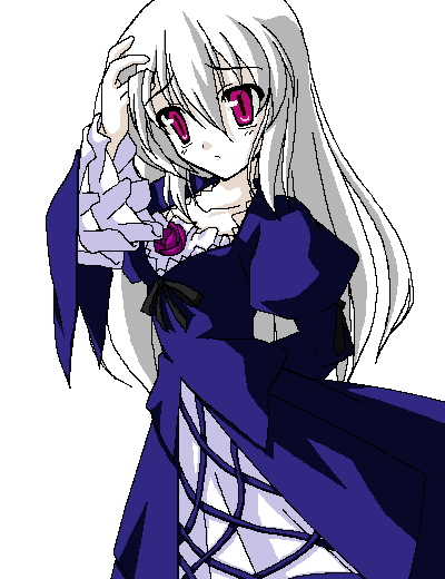 kasalelia, suigintou, rozen maiden, silver hair, 00s, 1girl, arm behind back, female focus, hand on own head, long hair, long sleeves, pale skin, pink eyes, simple background, solo, white background