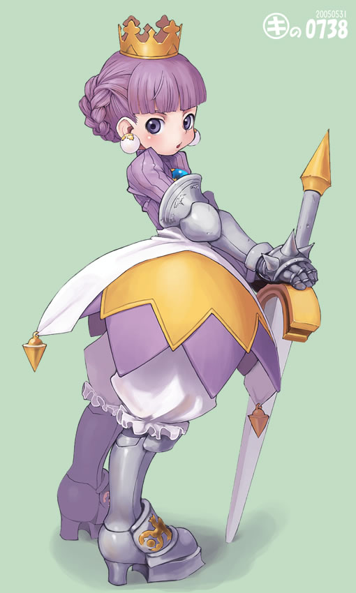 kei jiei, gradriel, gradriel de valendia, atlus, princess crown, 1girl, :o, aqua background, armor, armored boots, armored dress, artist name, bloomers, blunt bangs, blush, boots, breasts, brooch, chestnut mouth, crown, dated, dress, earrings, elbow gloves, fantasy, female focus, frills, from side, full body, gauntlets, gloves, gold crown, greaves, green background, hair bun, hands on hilt, high heel boots, high heels, jewelry, knee boots, looking at viewer, looking back, open mouth, planted, planted sword, planted weapon, purple eyes, purple hair, shadow, short hair, simple background, single earring, single hair bun, small breasts, solo, spiked knuckles, spikes, standing, sword, underwear, weapon, white bloomers