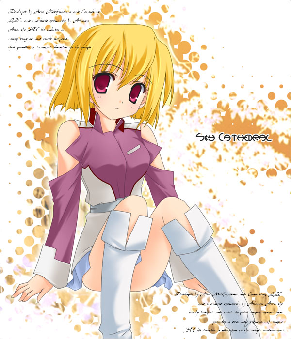 chuujou kagetsu, stellar loussier, gundam, gundam seed, gundam seed destiny, 00s, 1girl, blonde hair, boots, border, female focus, knee boots, long sleeves, military, military uniform, pink eyes, short hair, simple background, sitting, skirt, solo, text focus, white background, white boots