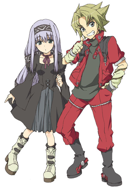 imo (suruga), suruga, coud van giruet, reverie metherlence, elemental gelade, silver hair, 00s, 1boy, 1girl, blonde hair, boots, choker, dress, fingerless gloves, gloves, green eyes, grey eyes, grin, hairband, hand in pocket, jacket, long hair, long sleeves, short hair, simple background, smile, spiked hair, thumbs up, white background