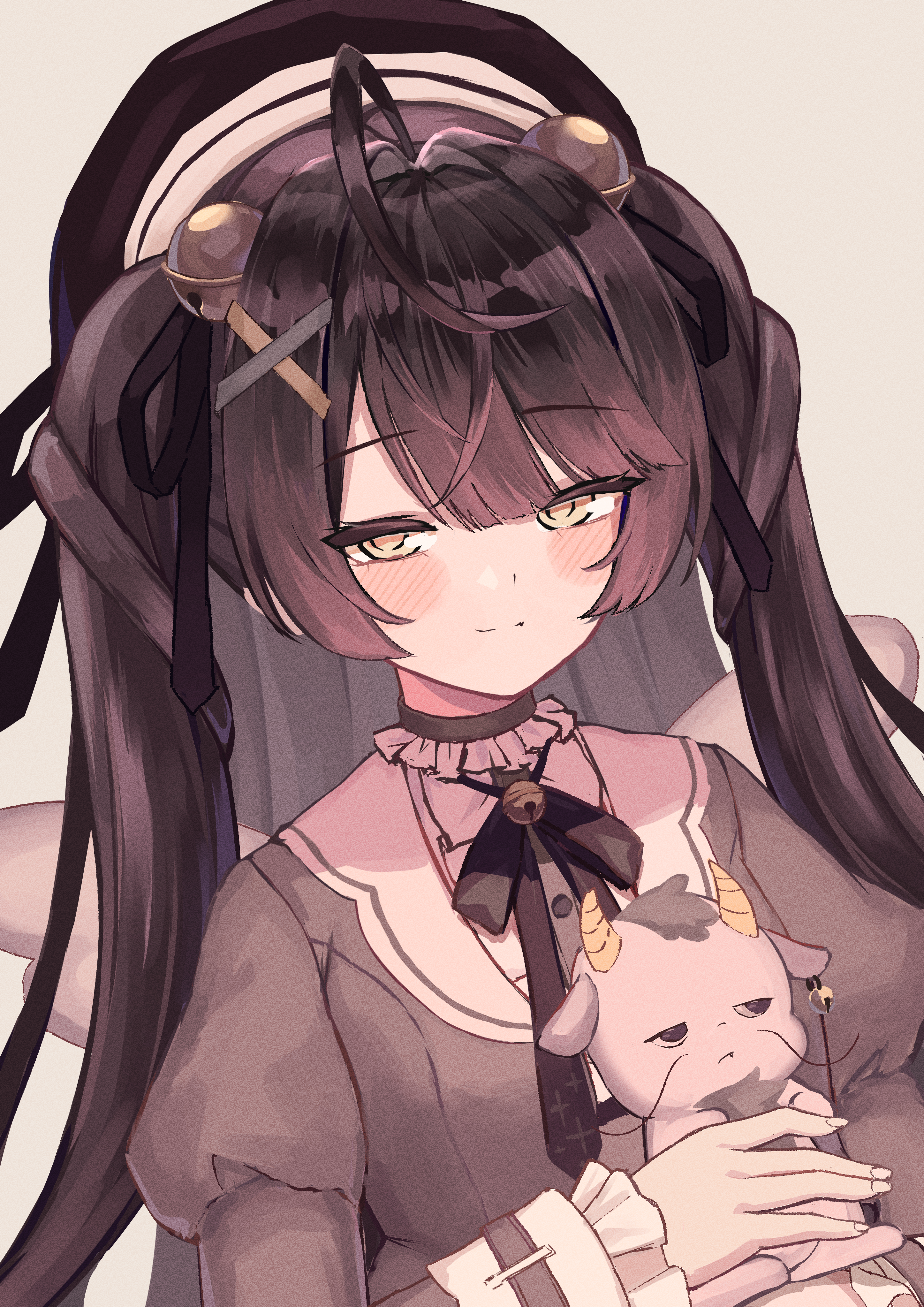 ami no fuda, amamiya kokoro, nijisanji, absurdres, highres, 1girl, ahoge, alternate hair color, bell, black bow, black bowtie, black hat, black ribbon, blunt bangs, bow, bowtie, breasts, closed mouth, collar, frilled collar, frilled sleeves, frills, hair bell, hair intakes, hair ornament, hair ribbon, half-closed eyes, hat, holding, holding stuffed toy, jingle bell, juliet sleeves, long hair, long sleeves, looking at viewer, mini wings, neck bell, parted bangs, puffy sleeves, ribbon, small breasts, solo, stuffed toy, swept bangs, twintails, upper body, virtual youtuber, wings, x hair ornament, yellow background
