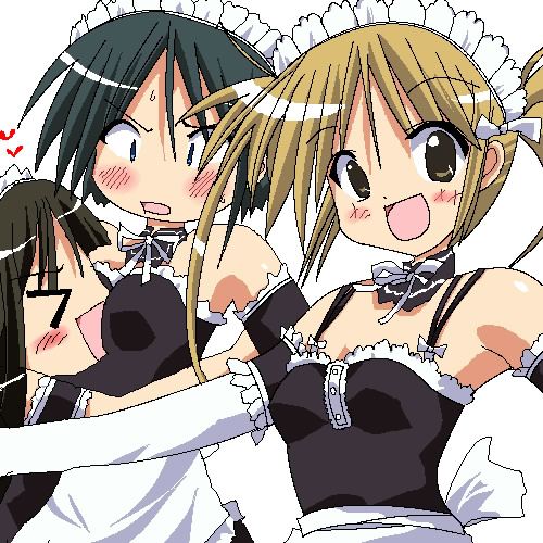 kurauchi anna, sawatari izumi, sawatari mitsuki, kore ga watashi no goshujin-sama, lowres, > <, 00s, 3girls, :d, arm garter, bare shoulders, blonde hair, blush, breasts, brown hair, closed eyes, detached collar, dot nose, elbow gloves, gloves, happy, heart, looking at viewer, maid, maid headdress, multiple girls, nakabayashi yoshitaka's maid uniform, oekaki, open mouth, short hair, siblings, sisters, small breasts, smile, sweatdrop, twintails, upper body, white gloves