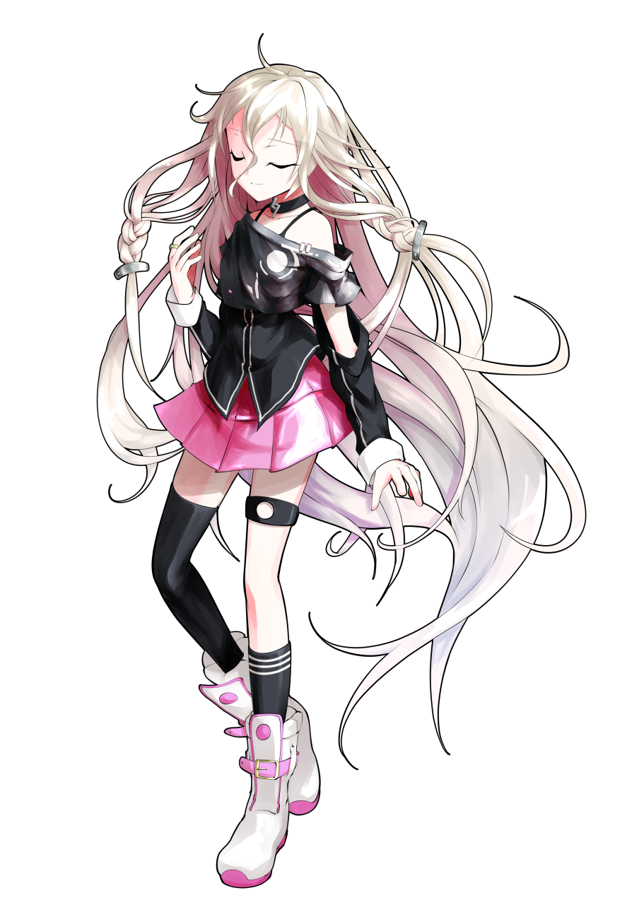 dairi, ia (vocaloid), vocaloid, commentary request, highres, large variant set, variant set, 1girl, ahoge, asymmetrical legwear, bare shoulders, belt, belt buckle, black choker, black shirt, black socks, black thighhighs, blonde hair, boots, braid, breasts, buckle, choker, detached sleeves, full body, gradient hair, grey hair, hair between eyes, hair ornament, jewelry, long hair, long sleeves, miniskirt, multicolored hair, off-shoulder shirt, off shoulder, pink belt, pink skirt, pleated skirt, ring, shirt, skirt, small breasts, socks, solo, standing, striped clothes, striped socks, tachi-e, tank top, thigh strap, thighhighs, transparent background, twin braids, two-tone hair, underwear, uneven eyes, uneven legwear, very long hair, white boots, white hair, zettai ryouiki