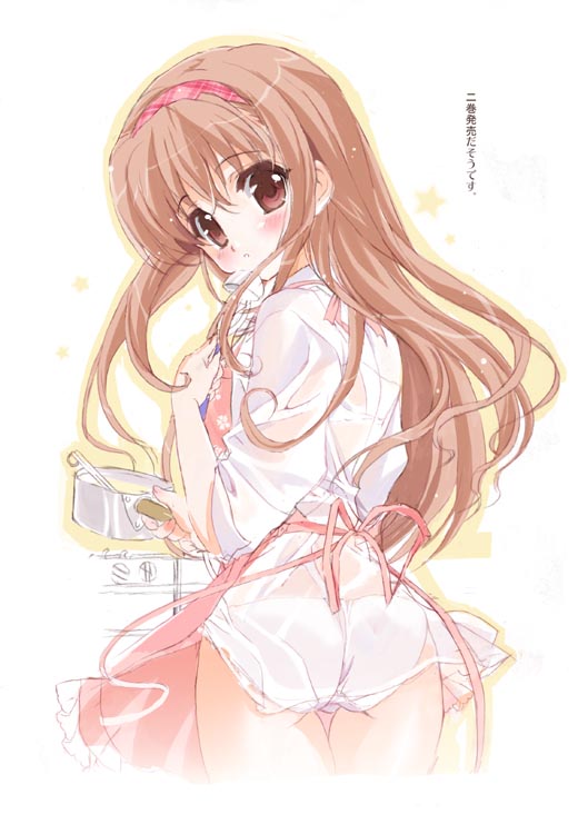 shaa, nogizaka haruka, nogizaka haruka no himitsu, original, suzumiya haruhi no yuuutsu, plaid, 00s, 1girl, apron, ass, back, blush, brown eyes, brown hair, cooking, female focus, hairband, holding, long hair, long sleeves, looking at viewer, looking back, naked apron, no pants, panties, ribbon, see-through clothes, shirt, solo, standing, thigh gap, underwear, white panties, white shirt
