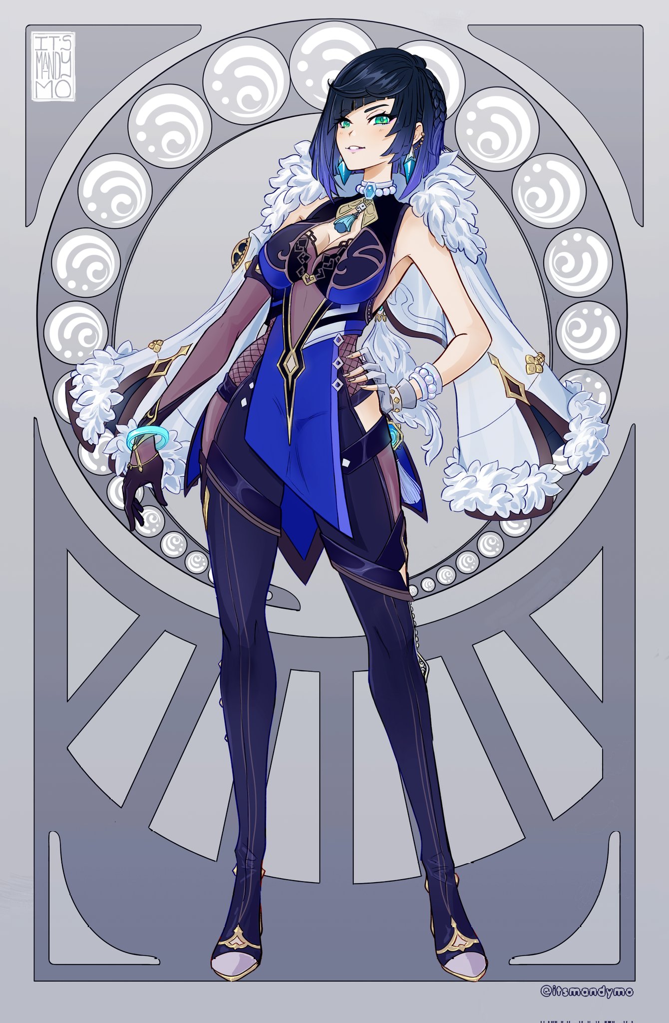 itsmandymo, yelan (genshin impact), genshin impact, highres, 1girl, aqua eyes, bare shoulders, black hair, black pants, blue dress, blue hair, breasts, cleavage, dress, earrings, full body, fur-trimmed jacket, fur trim, grin, jacket, jewelry, large breasts, leggings, looking at viewer, pants, parted lips, short hair, sleeveless, sleeveless dress, smile, solo, standing, white jacket
