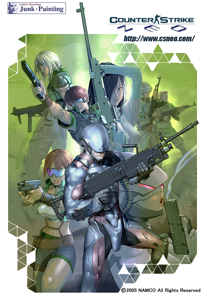 para, sugiura yoshio, accuracy international, counter-strike, counter-strike (series), counter-strike neo, counterstrike, heckler & koch, sig sauer, visor, 3girls, 5boys, ai arctic warfare, ak-47, ammunition, ammunition belt, armor, assault rifle, bandeau, bike shorts, black hair, blonde hair, bodysuit, bolt action, brown hair, bullet, cartridge, casing ejection, copyright name, desert eagle, glasses, goggles, grey bodysuit, gun, h&k ump, h&k usp, hair over one eye, handgun, headband, helmet, kalashnikov, kalashnikov rifle, light machine gun, lipstick, m1911, m249 saw, machine gun, makeup, midriff, military operator, multiple boys, multiple girls, pink hair, pistol, recoil, rifle, rifle cartridge, shell casing, sig p228/p229, sniper rifle, squad automatic weapon, strapless, submachine gun, sunglasses, tube top, vest, watermark, weapon, web address, white hair