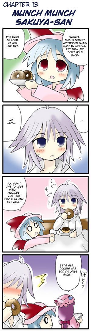 morogami ryou, izayoi sakuya, patchouli knowledge, remilia scarlet, touhou, silver hair, hard-translated, long image, tall image, third-party edit, translated, 3girls, 4koma, ^^^, blue hair, blush, book, comic, donut, eating, female focus, food, hat, holding, holding book, long sleeves, multiple girls, o o, open book, red eyes, sakuya-sans sweet tooth, speech bubble, trolling, wings