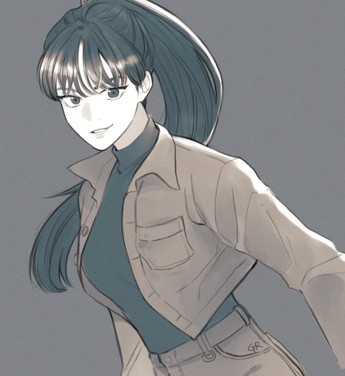 nageutxx, jihyeok seo, eoduun badaui deungbul-i doeeo, commentary request, korean commentary, 1girl, blunt bangs, cowboy shot, cropped jacket, greyscale, looking at viewer, monochrome, ponytail, smile, solo, turtleneck