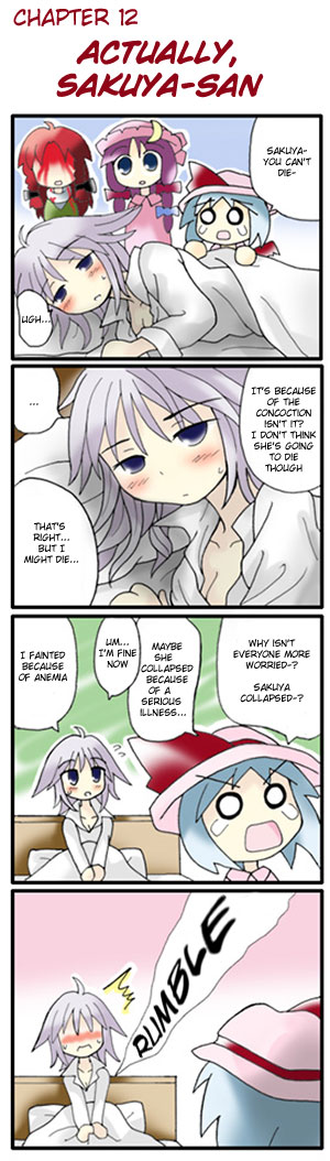 morogami ryou, hong meiling, izayoi sakuya, patchouli knowledge, remilia scarlet, embodiment of scarlet devil, touhou, silver hair, hard-translated, long image, tall image, third-party edit, translated, 4girls, 4koma, ^^^, bat wings, bed, blanket, bleeding, blood, blue eyes, blue hair, blush, bow, braid, china dress, chinese clothes, comic, crescent, dress, embarrassed, female focus, flying sweatdrops, grey eyes, hair bow, hat, hat bow, long hair, long sleeves, lying, multiple girls, night clothes, o o, on side, purple hair, red hair, sakuya-sans sweet tooth, short hair, sidelocks, sitting, speech bubble, star (symbol), stomach growling, surprised, sweatdrop, tears, twin braids, wings